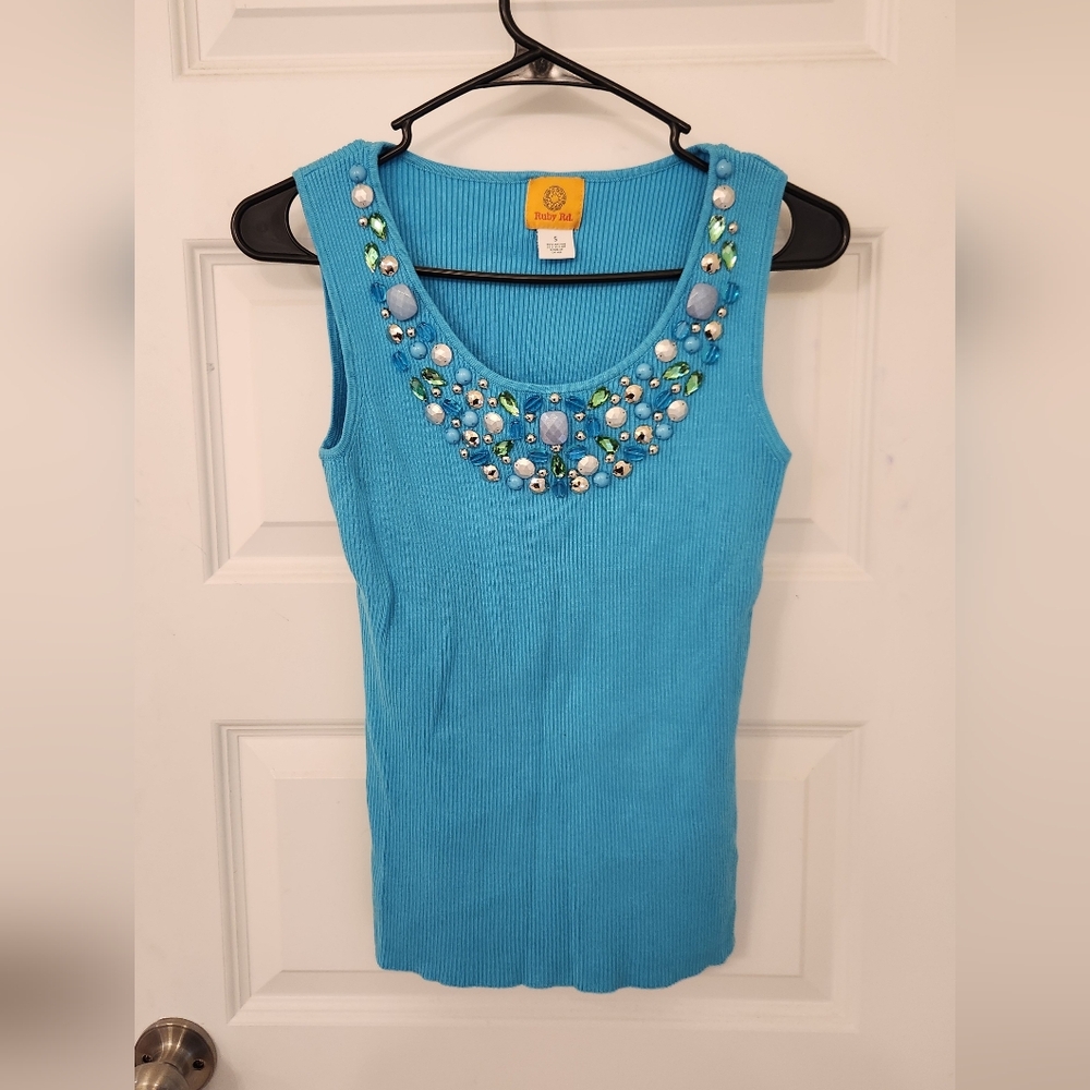 Womens Ruby Rd Embellished Beaded Tank Top Size S Blue #QQ1054
